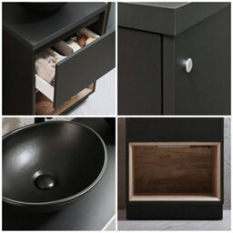 Homestylestore Black Grey 600mm Led Lit Bathroom Vanity Unit Oval Countertop Graphite Basin Open Shelf - thumbnail 2