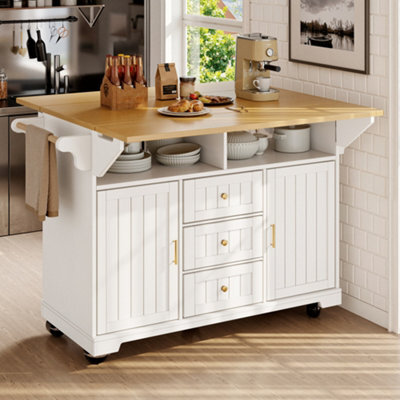 Btm Extendable Kitchen Island Cart With Drawers And Rack, 120X40(80)X95Cm, White And Natural - image 1