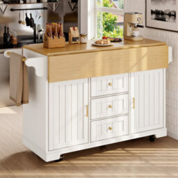 Btm Extendable Kitchen Island Cart With Drawers And Rack, 120X40(80)X95Cm, White And Natural - thumbnail 2