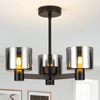 Harper Living 3 Lights Chandeliers Ceiling Light, Matt Black Finish Semi Flush Ceiling Lamp With Smoked Glass Shades - image 1
