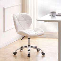 White Cushioned Computer Desk Office Chair Chrome Legs Swivel Adjustable Vanity Stool - thumbnail 2