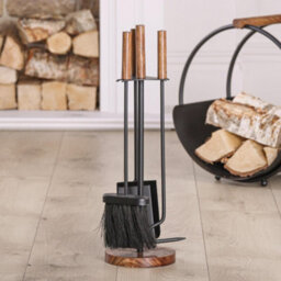Dibor Contemporary Black Fireplace Wooden Base Fireside Companion Set With 3 Tools - thumbnail 1