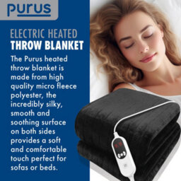Purus Deluxe Black Xl Electric Throw Heated Double Over Electric Blanket Soft Fleece 9 Heat & 12 Timer Settings - thumbnail 5