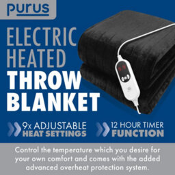 Purus Deluxe Black Xl Electric Throw Heated Double Over Electric Blanket Soft Fleece 9 Heat & 12 Timer Settings - thumbnail 2