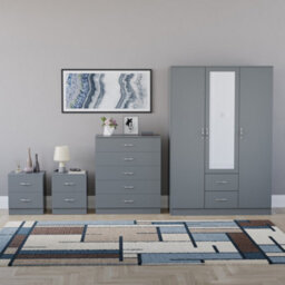 Lassic Vida Designs Riano 4 Piece Bedroom Set (2 Drawer Bedside Chest, 5 Drawer Chest, 3 Door 2 Drawer Mirrored Wardrobe), Grey - thumbnail 7