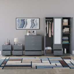 Lassic Vida Designs Riano 4 Piece Bedroom Set (2 Drawer Bedside Chest, 5 Drawer Chest, 3 Door 2 Drawer Mirrored Wardrobe), Grey - thumbnail 2