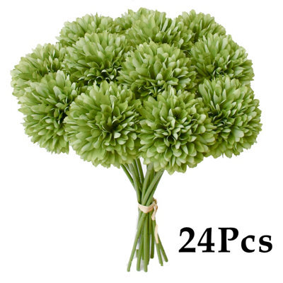 Amorly 24Pcs Artificial Pure Green Ball Chrysanthemum Flowers Artificial Mums Flowers For Home Table Centerpiece Decor Silk Flowers - image 1