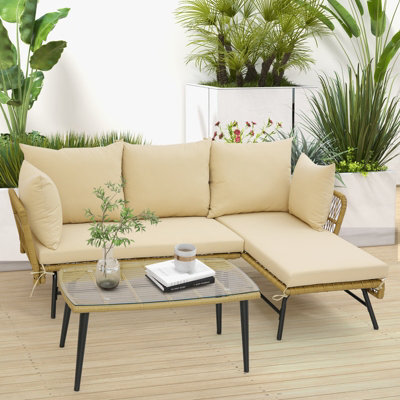 Costway 3 Pcs Outdoor Wicker Furniture Set L-Shaped Patio Sofa W/ Cushions & Table - image 1
