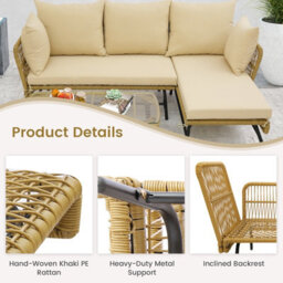 Costway 3 Pcs Outdoor Wicker Furniture Set L-Shaped Patio Sofa W/ Cushions & Table - thumbnail 8