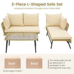 Costway 3 Pcs Outdoor Wicker Furniture Set L-Shaped Patio Sofa W/ Cushions & Table - thumbnail 9