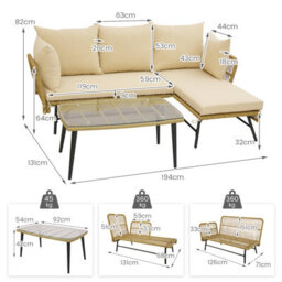 Costway 3 Pcs Outdoor Wicker Furniture Set L-Shaped Patio Sofa W/ Cushions & Table - thumbnail 3