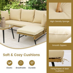 Costway 3 Pcs Outdoor Wicker Furniture Set L-Shaped Patio Sofa W/ Cushions & Table - thumbnail 6