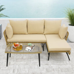 Costway 3 Pcs Outdoor Wicker Furniture Set L-Shaped Patio Sofa W/ Cushions & Table - thumbnail 4