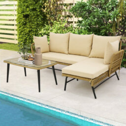 Costway 3 Pcs Outdoor Wicker Furniture Set L-Shaped Patio Sofa W/ Cushions & Table - thumbnail 5