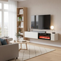 Modern Tv Cabinet Bamali 200X38X30 Cm Electric Fireplace Cashmere Color Wall Mounted Unit With Heating Functionality - thumbnail 3