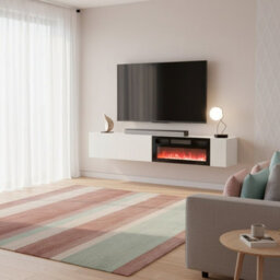 Modern Tv Cabinet Bamali 200X38X30 Cm Electric Fireplace Cashmere Color Wall Mounted Unit With Heating Functionality - thumbnail 1