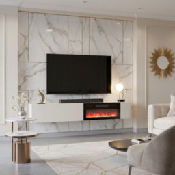 Modern Tv Cabinet Bamali 200X38X30 Cm Electric Fireplace Cashmere Color Wall Mounted Unit With Heating Functionality - thumbnail 2
