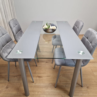 Kosy Koala Dining Table And 4 Chairs Modern Grey Glass Table With 4 Grey Velvet Chairs Dining Room Furniture - image 1