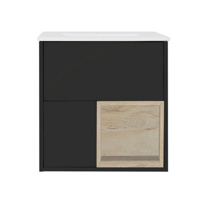 Homestylestore Black Grey 610mm Wall Hung Bathroom Vanity Unit Open Shelf With Led Light - image 1