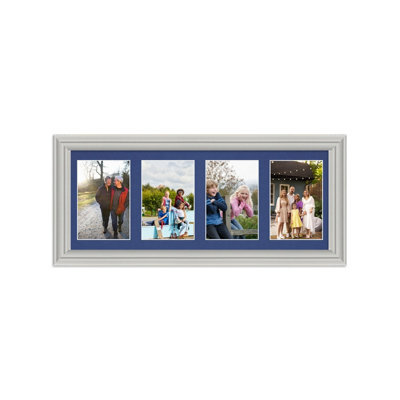 AK Frames 50X20Cm Light Grey Classic Multi Photo Frame With Blue Mount - Holds 4 Apertures (4X) 6X4 Photos - image 1