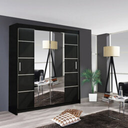 Modern Oslo Mirror Sliding Door Wardrobe With Hanging Rails & Shelves (Black,203Cm) - thumbnail 1