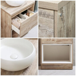 Homestylestore Light Oak 600mm Led Lit Bathroom Vanity Unit Round Chalk Countertop Basin Open Shelf - thumbnail 2