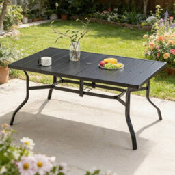 Birchtree 144X94Cm Garden Table Metal Patio Dining Table Slatted Tabletop Black