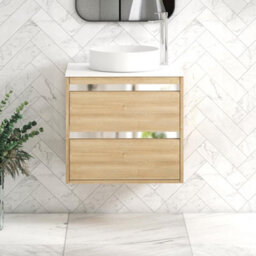 Royal Bathrooms Orion 600mm Natural Oak Wall Hung Plain White Countertop Vanity Unit 2 Drawer With Art Basin & Chrome Accent Trim - thumbnail 1