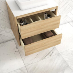 Royal Bathrooms Orion 600mm Natural Oak Wall Hung Plain White Countertop Vanity Unit 2 Drawer With Art Basin & Chrome Accent Trim - thumbnail 4