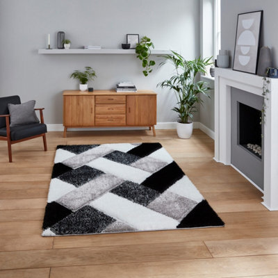Olympia 2239 Black White Geometric 40mm Thick Shaggy Modern Easy To Clean Rug For Bedroom Living Room By Think Rugs-160Cm X 220Cm - image 1