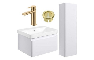Aquarius Sophie 605mm Vanity Unit Matt White Tall Boy Set With Brushed Brass Brassware - image 1