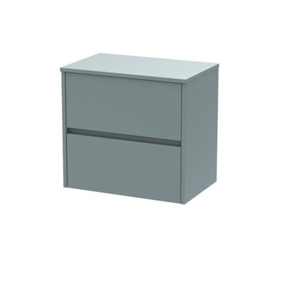 Nuie Havana Wall Hung 2-Drawer Vanity Unit & Worktop In Monument Grey, Countertop Basin Unit In Coastal Grey, 600mm