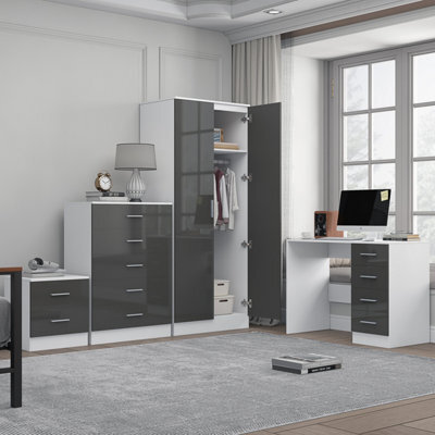 Reflect 2 Door Plain Wardrobe, 5 Drawer Chest, 2 Drawer Bedside & Desk - Grey Gloss & Matt White - Modern Bedroom Furniture Set - image 1