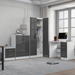 Reflect 2 Door Plain Wardrobe, 5 Drawer Chest, 2 Drawer Bedside & Desk - Grey Gloss & Matt White - Modern Bedroom Furniture Set - thumbnail 1