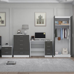 Reflect 2 Door Plain Wardrobe, 5 Drawer Chest, 2 Drawer Bedside & Desk - Grey Gloss & Matt White - Modern Bedroom Furniture Set - thumbnail 4