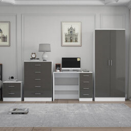 Reflect 2 Door Plain Wardrobe, 5 Drawer Chest, 2 Drawer Bedside & Desk - Grey Gloss & Matt White - Modern Bedroom Furniture Set - thumbnail 3