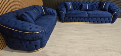 Ambassador 3+2 Sofa Set Navy Velvet & Gold - image 1