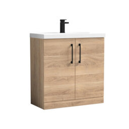 Balterley Bramshall Contemporary Bathroom Floor Standing 2-Door Vanity Unit & Mid-Edge Basin, Bleached Oak, 800mm - thumbnail 1