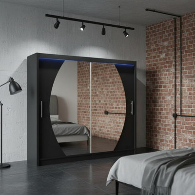 Bega Iv 180 Sliding Door Wardrobe Modern Bedroom Storage With Mirror Hanging Rail And Shelves In Black With Led - image 1
