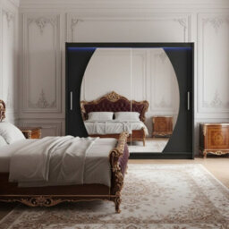 Bega Iv 180 Sliding Door Wardrobe Modern Bedroom Storage With Mirror Hanging Rail And Shelves In Black With Led - thumbnail 3