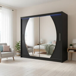 Bega Iv 180 Sliding Door Wardrobe Modern Bedroom Storage With Mirror Hanging Rail And Shelves In Black With Led - thumbnail 2