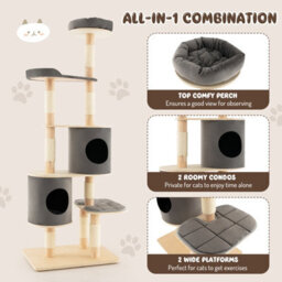 Costway 6-Tier Cat Tree 190 Cm Rubber Wood Cat Tower Furniture W/ Sisal Scratching Posts - thumbnail 6