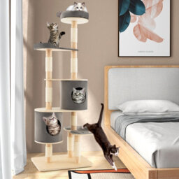 Costway 6-Tier Cat Tree 190 Cm Rubber Wood Cat Tower Furniture W/ Sisal Scratching Posts - thumbnail 4