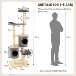 Costway 6-Tier Cat Tree 190 Cm Rubber Wood Cat Tower Furniture W/ Sisal Scratching Posts - thumbnail 2