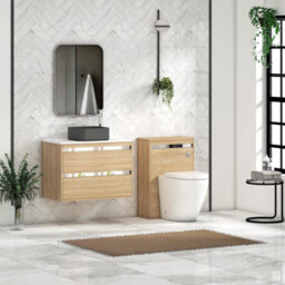 Royal Bathrooms Orion 800mm Natural Oak Wall Hung Plain White Countertop Vanity Unit 2 Drawer With Art Square Basin & Chrome Accent Trim - thumbnail 3