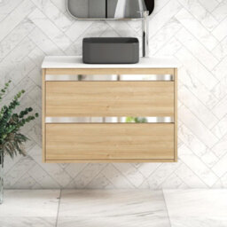Royal Bathrooms Orion 800mm Natural Oak Wall Hung Plain White Countertop Vanity Unit 2 Drawer With Art Square Basin & Chrome Accent Trim - thumbnail 2