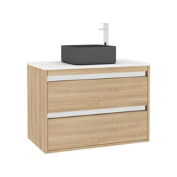 Royal Bathrooms Orion 800mm Natural Oak Wall Hung Plain White Countertop Vanity Unit 2 Drawer With Art Square Basin & Chrome Accent Trim - thumbnail 6