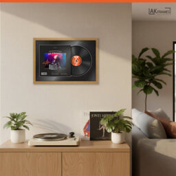 "AK Frames 25X17"" Oak Sleek Vinyl Record Frame With Black Mount For 12 Inch Lp Cover & Disc - Overlapped Design" - thumbnail 5