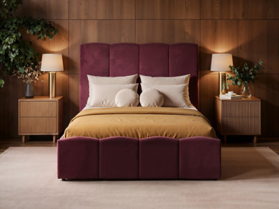 Solace+Co Enrica Upholstered Bed Frame With Statement Headboard, Double, Burgundy Velvet - image 1