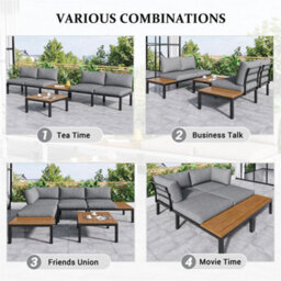 Abrihome Outdoor Patio Backyard Furniture Garden Lounge Set For 4 People, L-Shaped Corner Sofa With Wooden Table, Grey - thumbnail 4